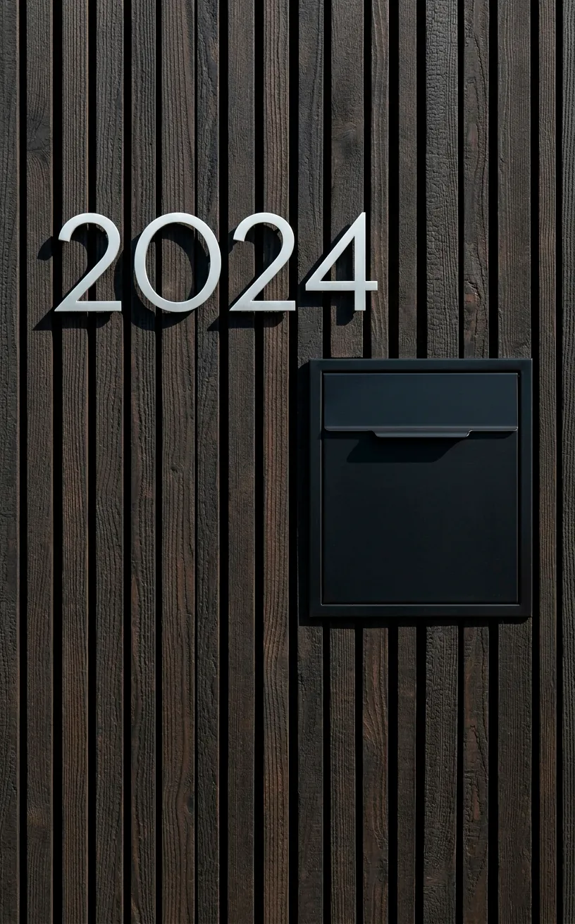 Minimalist mid century modern house numbers mounted on a dark wood exterior wall.