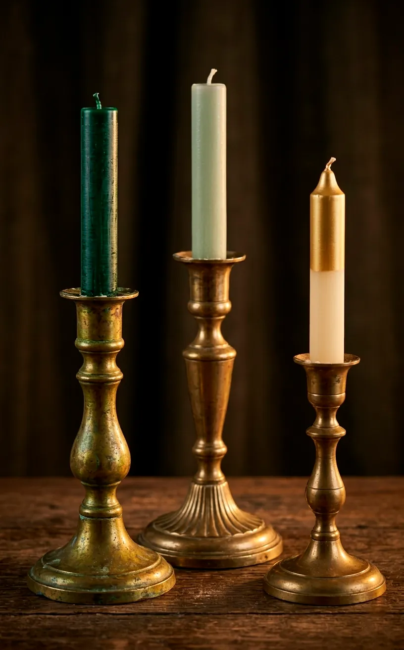 Detailed view of green and gold taper candles in vintage brass holders.