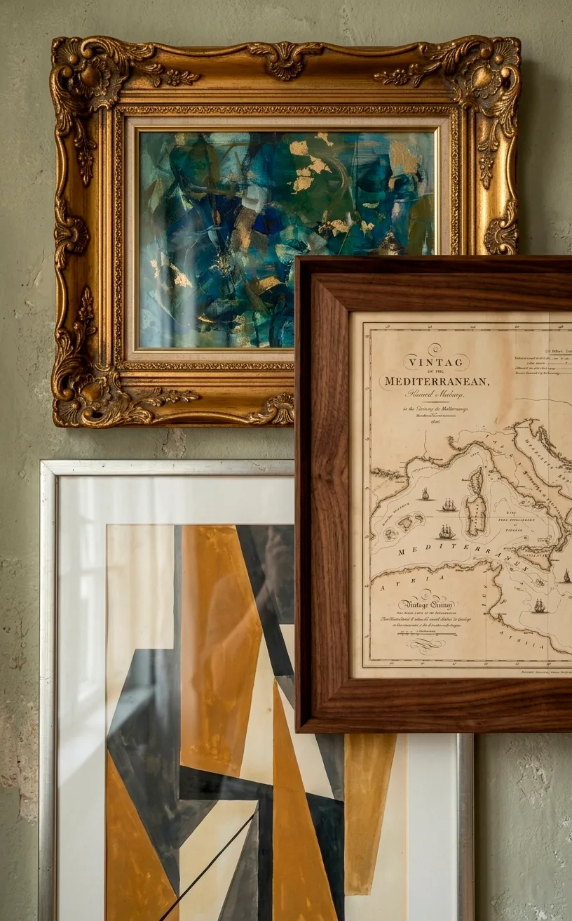 Close-up of three vintage art frames in gold, wood, and silver hanging on a textured wall.