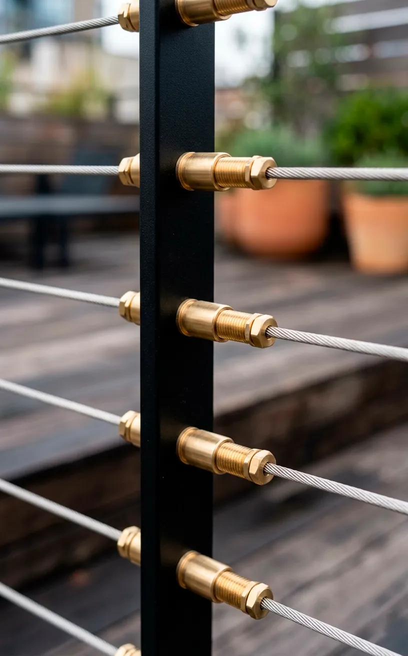 Detail of brass cable railing hardware attached to a black metal staircase post.