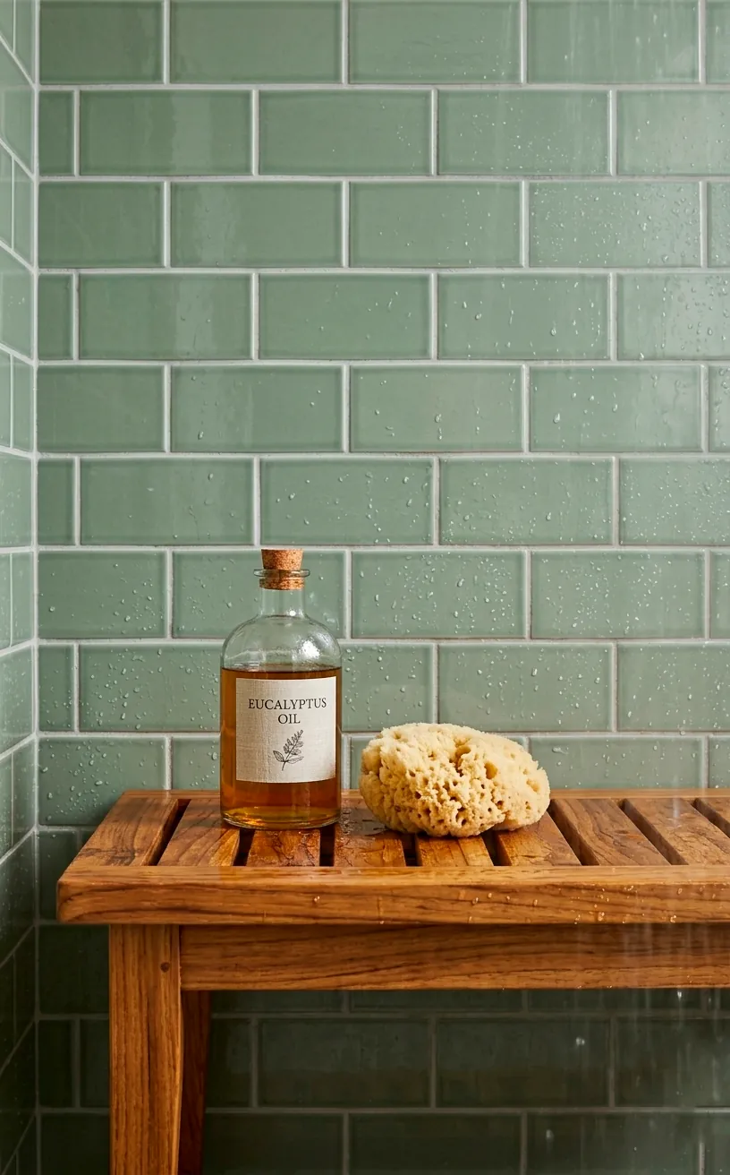 Teak shower bench with eucalyptus oil in a sage green tiled shower.