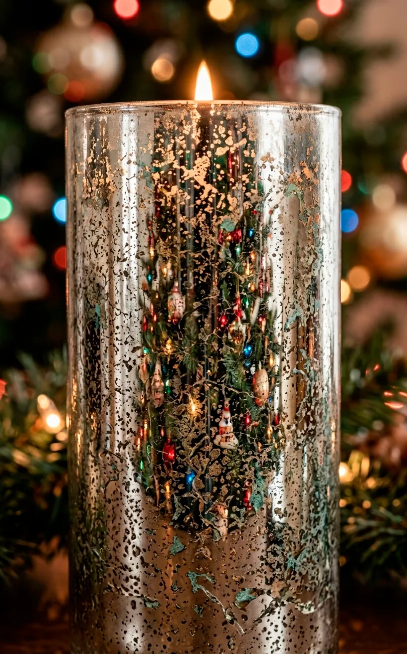 Detailed texture of mottled silver mercury glass candle holder.