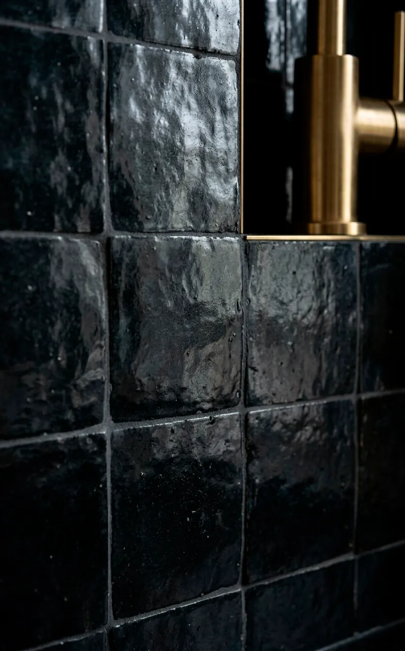 Detail of handmade glossy black zellige tiles with a brass faucet.