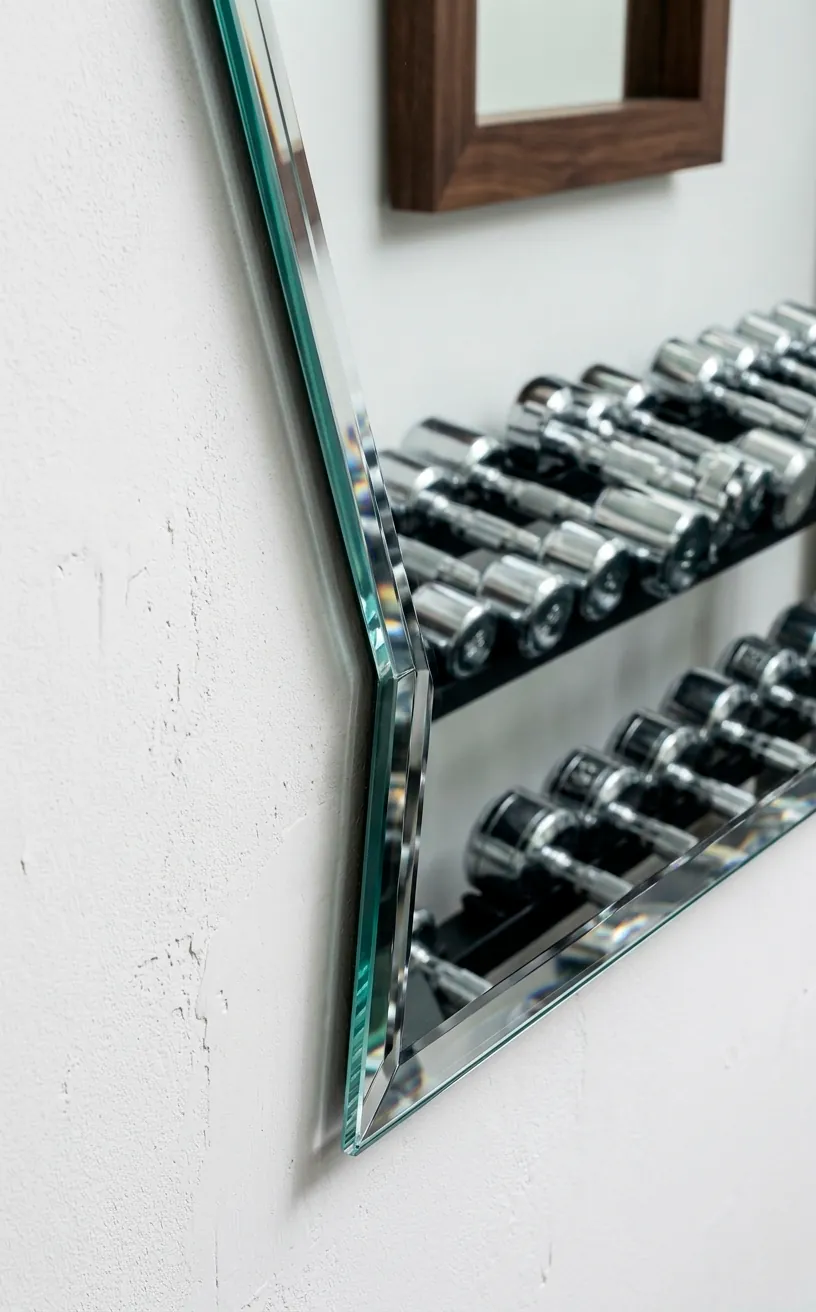 Close-up of a high-quality mirror edge reflecting chrome dumbbells in a bright home gym.