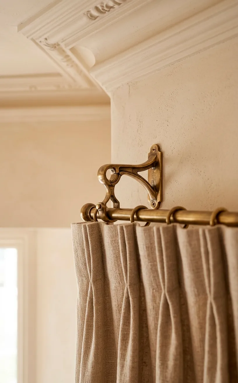Detailed view of a brass curtain rod and linen fabric near the ceiling.