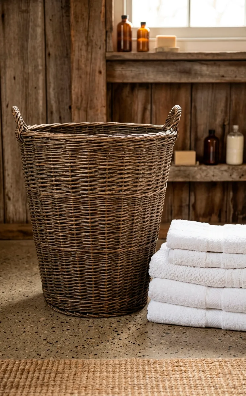 Large antique wicker basket used for laundry storage on a modern polished concrete floor.