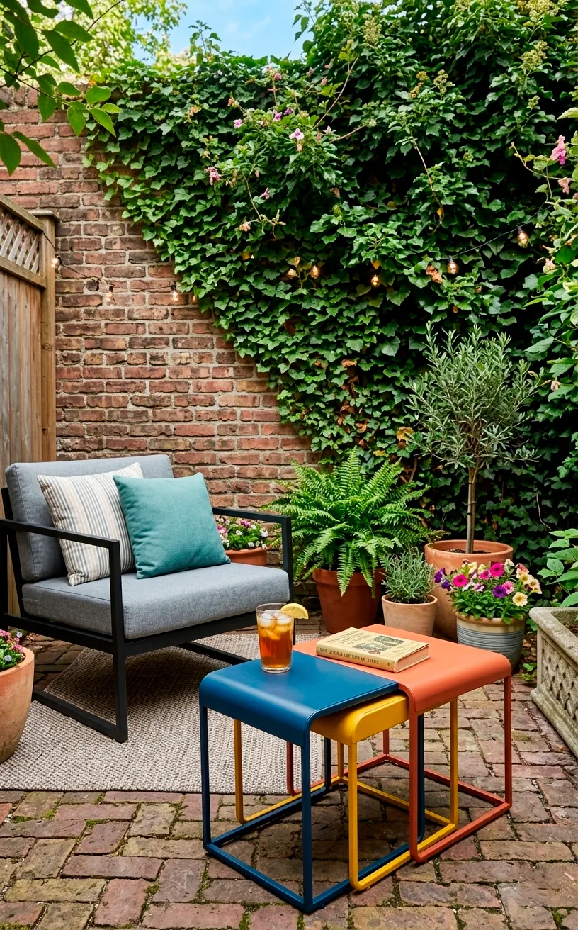 Space-saving colorful nesting tables in a small city garden with a lounge chair.