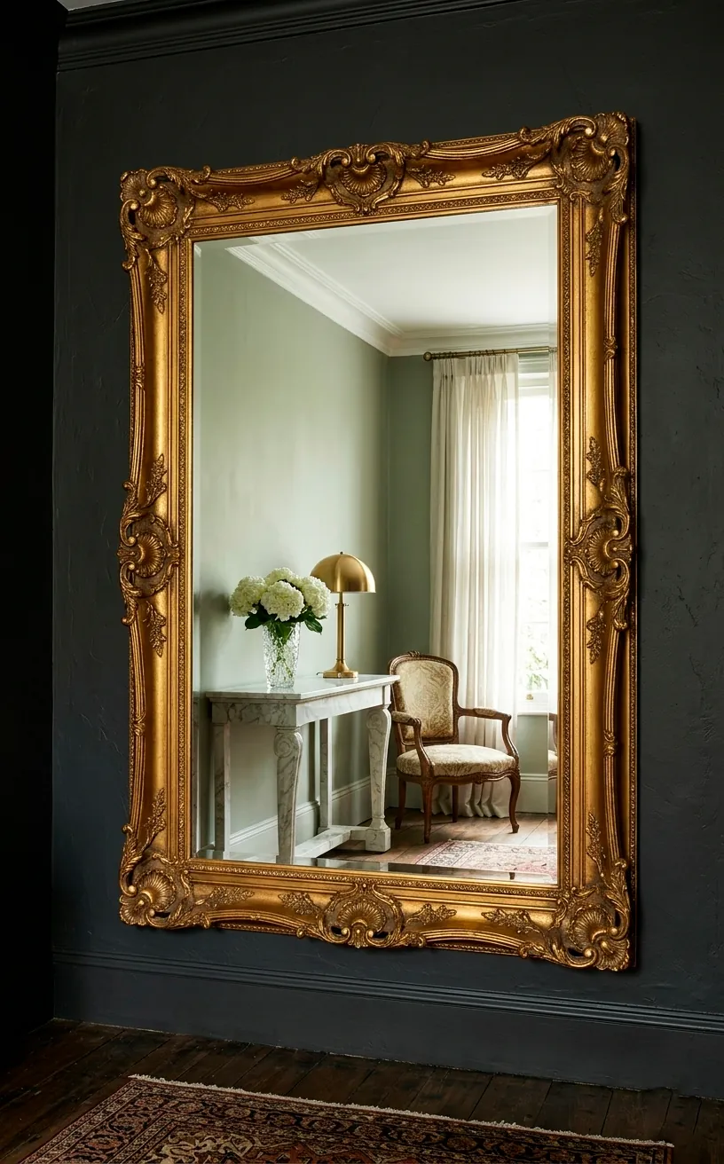 Ornate gold mirror on a charcoal wall reflecting light to brighten a small dark room.