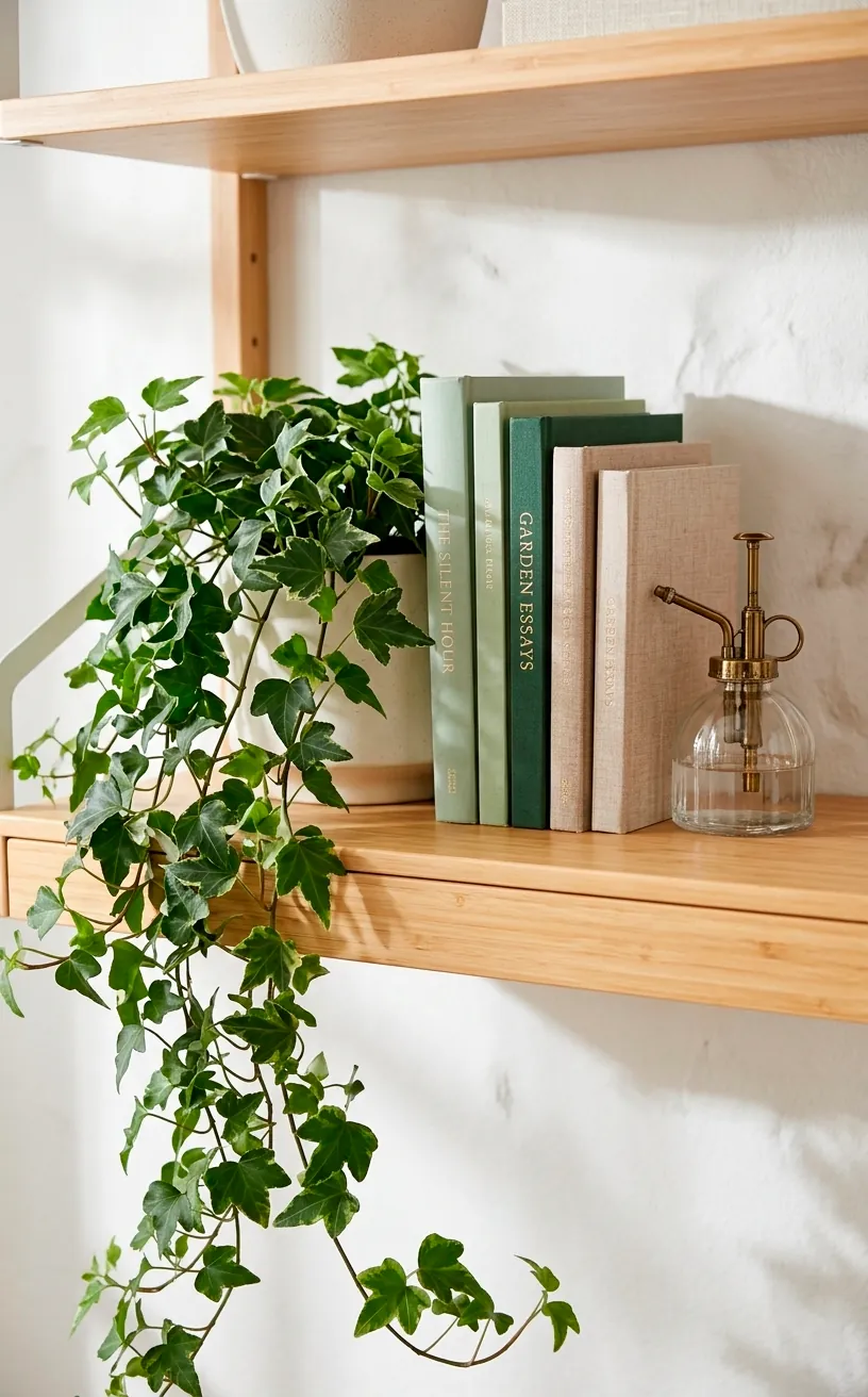 Trailing ivy plant on a bamboo shelf next to aesthetic books in a green-themed home office.