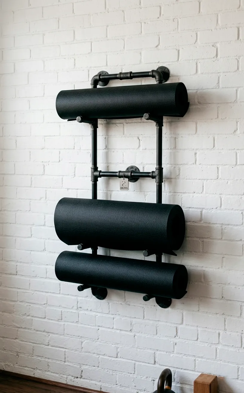 Wall-mounted industrial pipe rack holding black yoga mats.