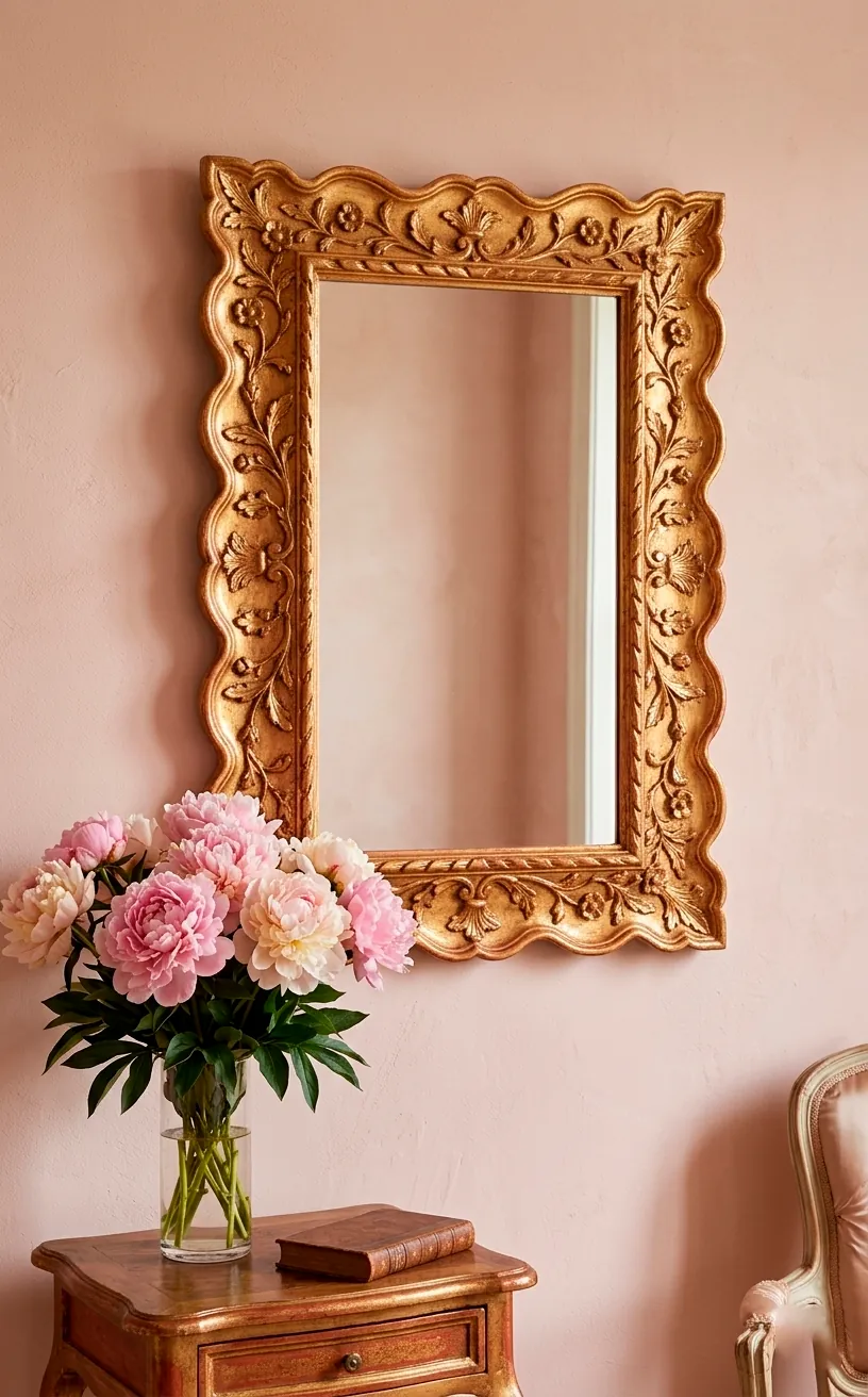 Italian Florentine gilded mirror with delicate floral carvings on a pink wall.