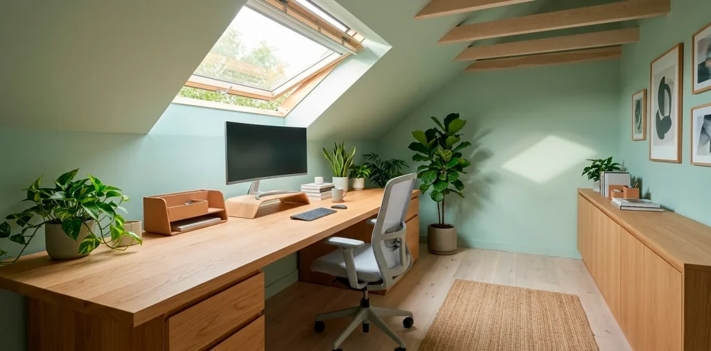 Serene attic home office featuring soft mint walls, a solid oak desk, and a bright skylight for productivity.