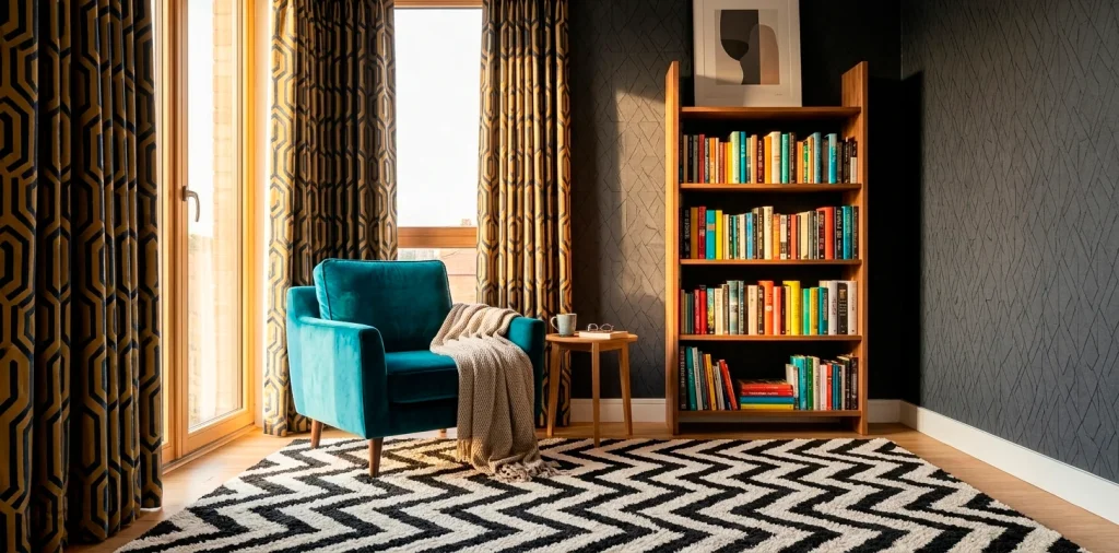 Wide shot of a modern reading nook featuring bold geometric curtains, a chevron rug, and a cozy teal chair.