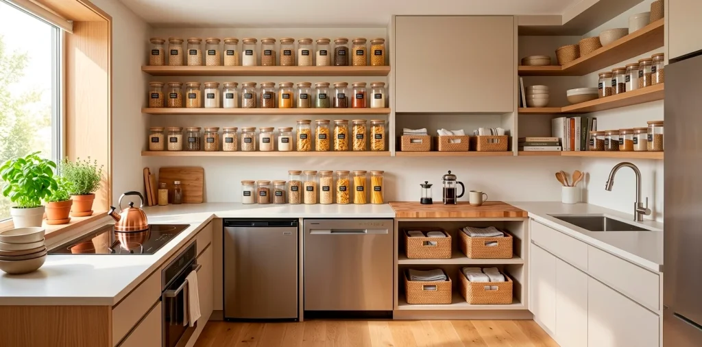 Wide landscape view of a perfectly organized tiny apartment kitchen with shelves and storage bins.