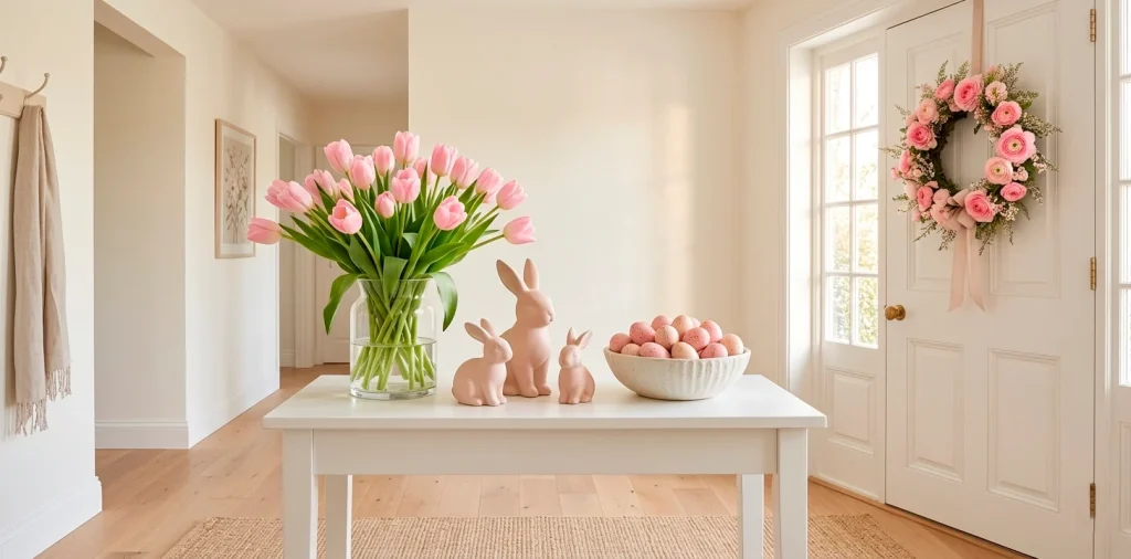 Wide shot of a bright spring entryway with pastel pink Easter decorations, tulips, and ceramic bunnies on a white table.