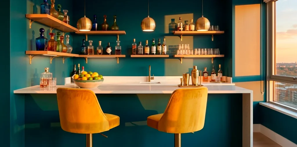Wide panoramic view of a modern home bar with teal walls, mustard yellow stools, and brass accents.