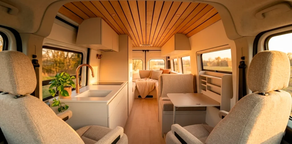 Wide shot of a modern van interior with wooden foldable furniture and warm cinematic lighting.