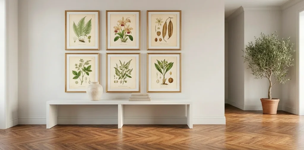 Sophisticated foyer featuring a series of six botanical art prints in oak frames above a white console.