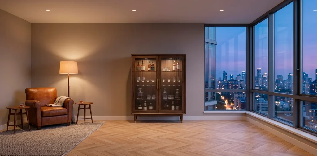 Wide shot of a luxury home lounge featuring a dark oak mid-century modern bar cabinet and leather chair.