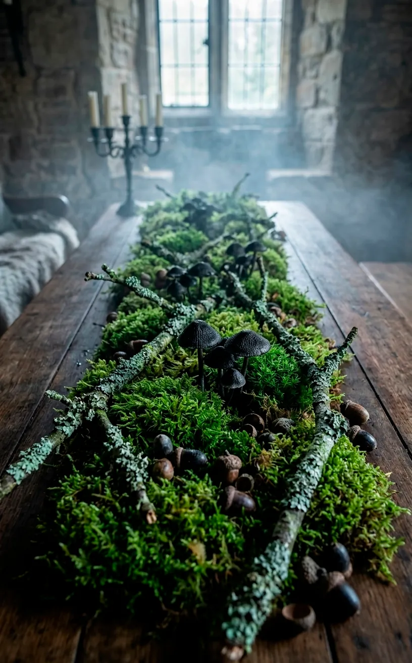 A forest-inspired centerpiece with moss, lichen-covered twigs, and acorns on a dark table.