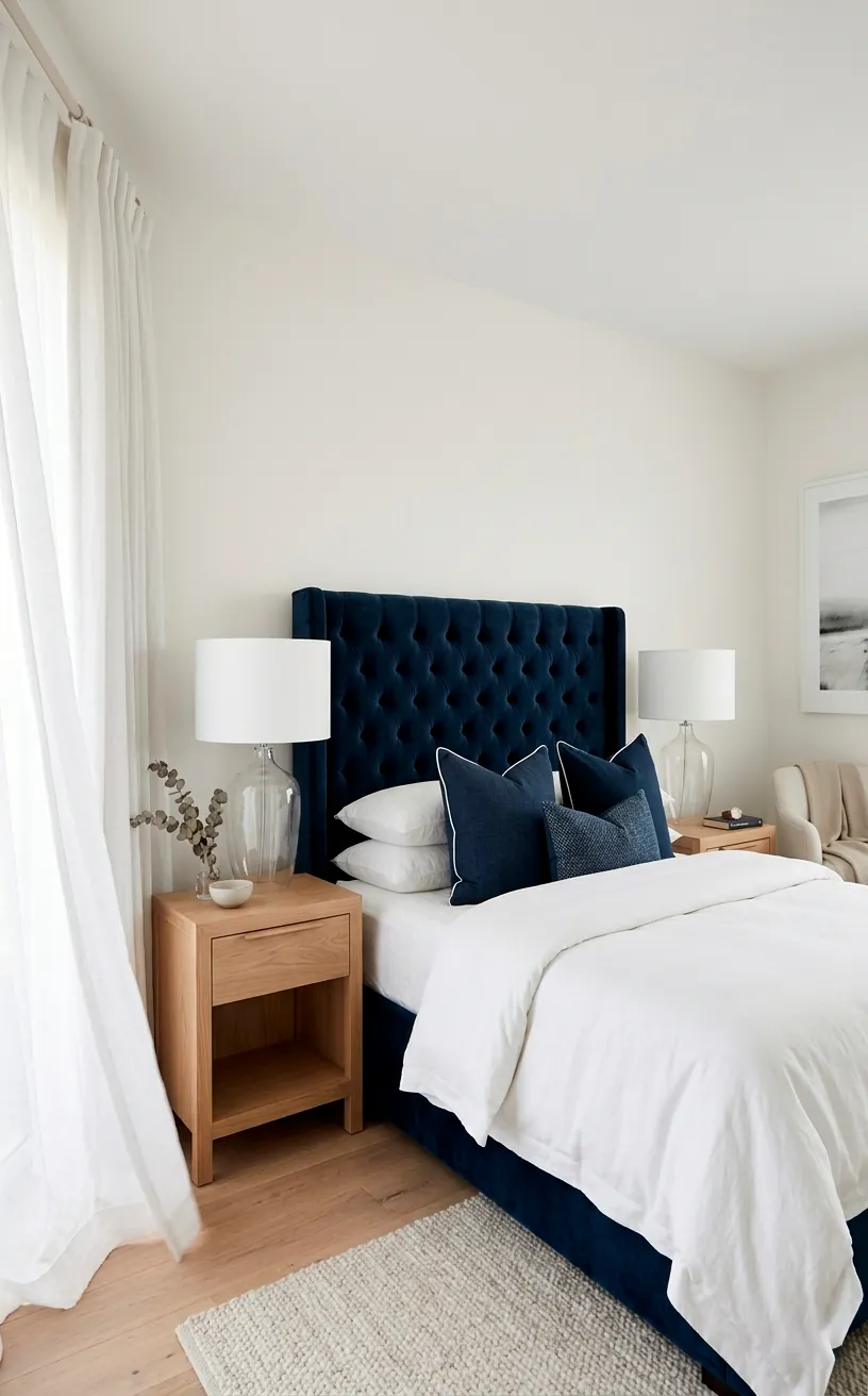 Serene bedroom with navy headboard and glass buoy-style lamps.