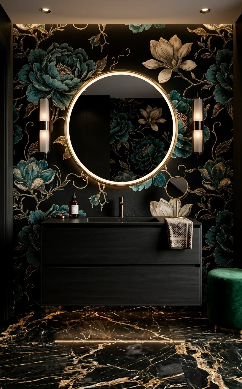 Black floral wallpaper in a moody powder room with a black vanity.