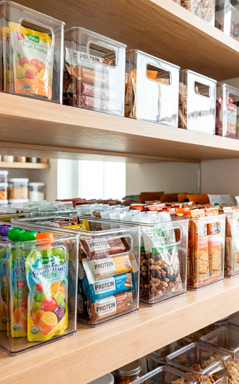 Clear acrylic storage bins organized with snacks on a kitchen shelf.