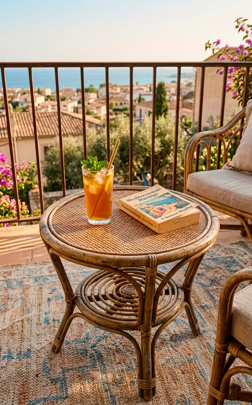 Circular vintage rattan side table with a drink and a book.