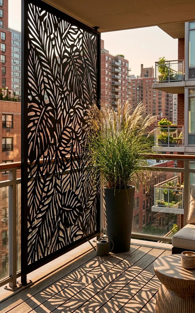 Black laser-cut privacy screen with leaf pattern on a modern urban balcony.