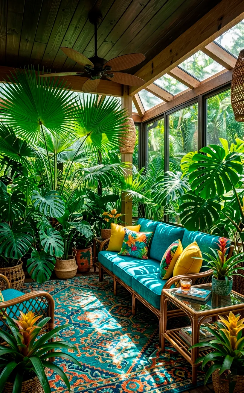 Tropical style enclosed porch with large palm trees and colorful furniture.
