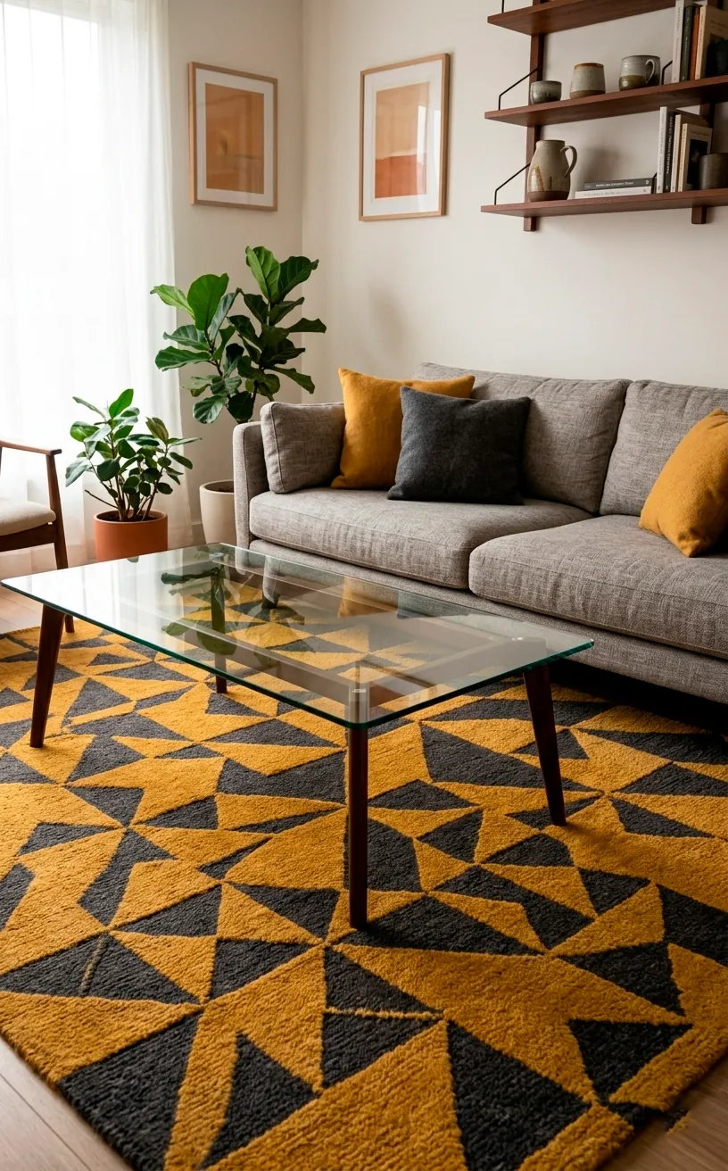 Large mustard yellow geometric wool rug anchoring a mid century modern living room.