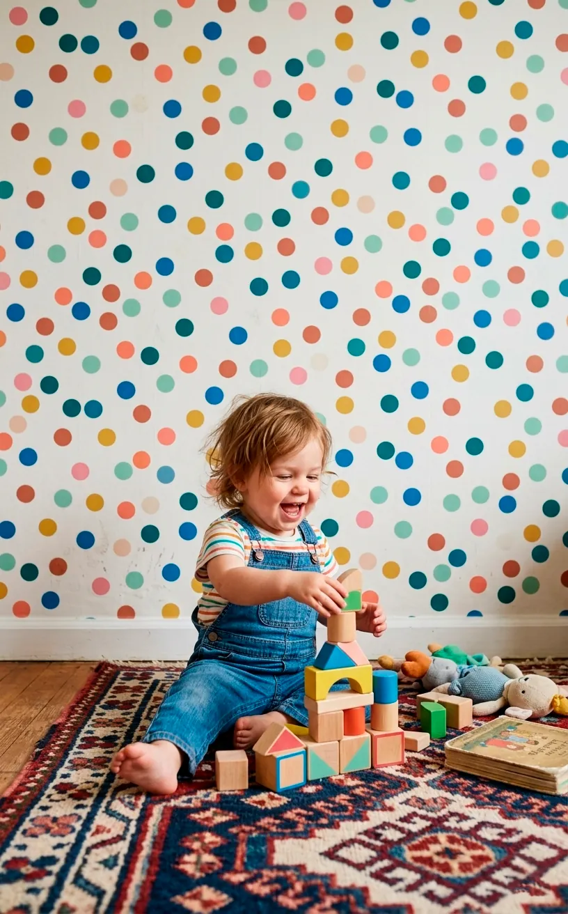 Toddler playing in front of colorful polka dot peel and stick wallpaper in a playroom.