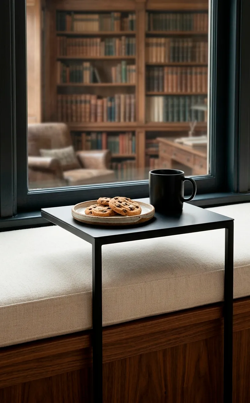 Slim C-table with tea and cookies next to a cozy window seat.