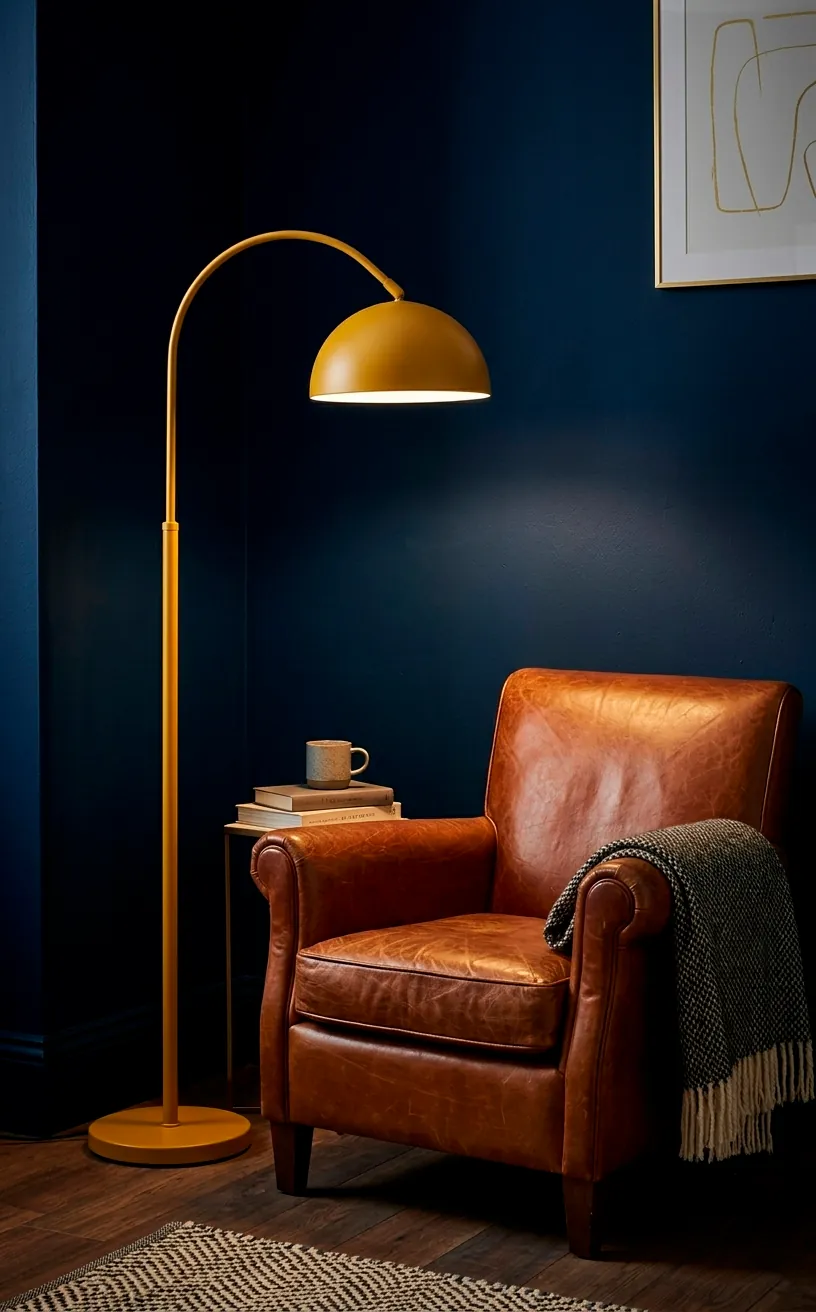 Mustard yellow metal floor lamp against a navy blue wall in a modern room.
