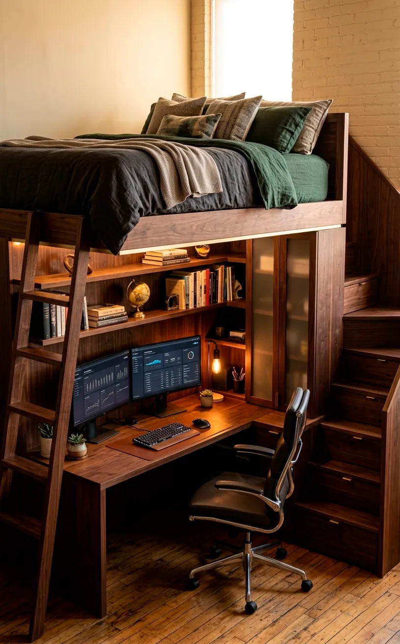 Adult loft bed with a complete home office and dual monitors underneath.