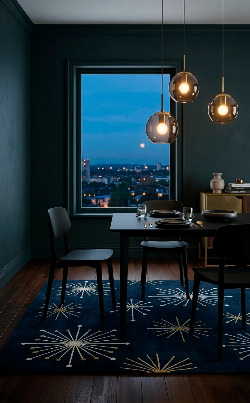 Navy blue rug with gold atomic starburst patterns in a dark, moody dining room.