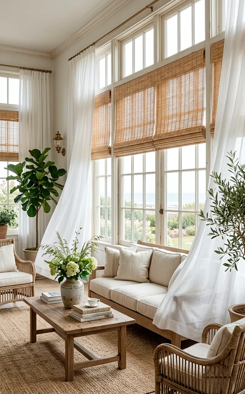 Elegant sunroom with a combination of bamboo blinds and breezy sheer white curtains.
