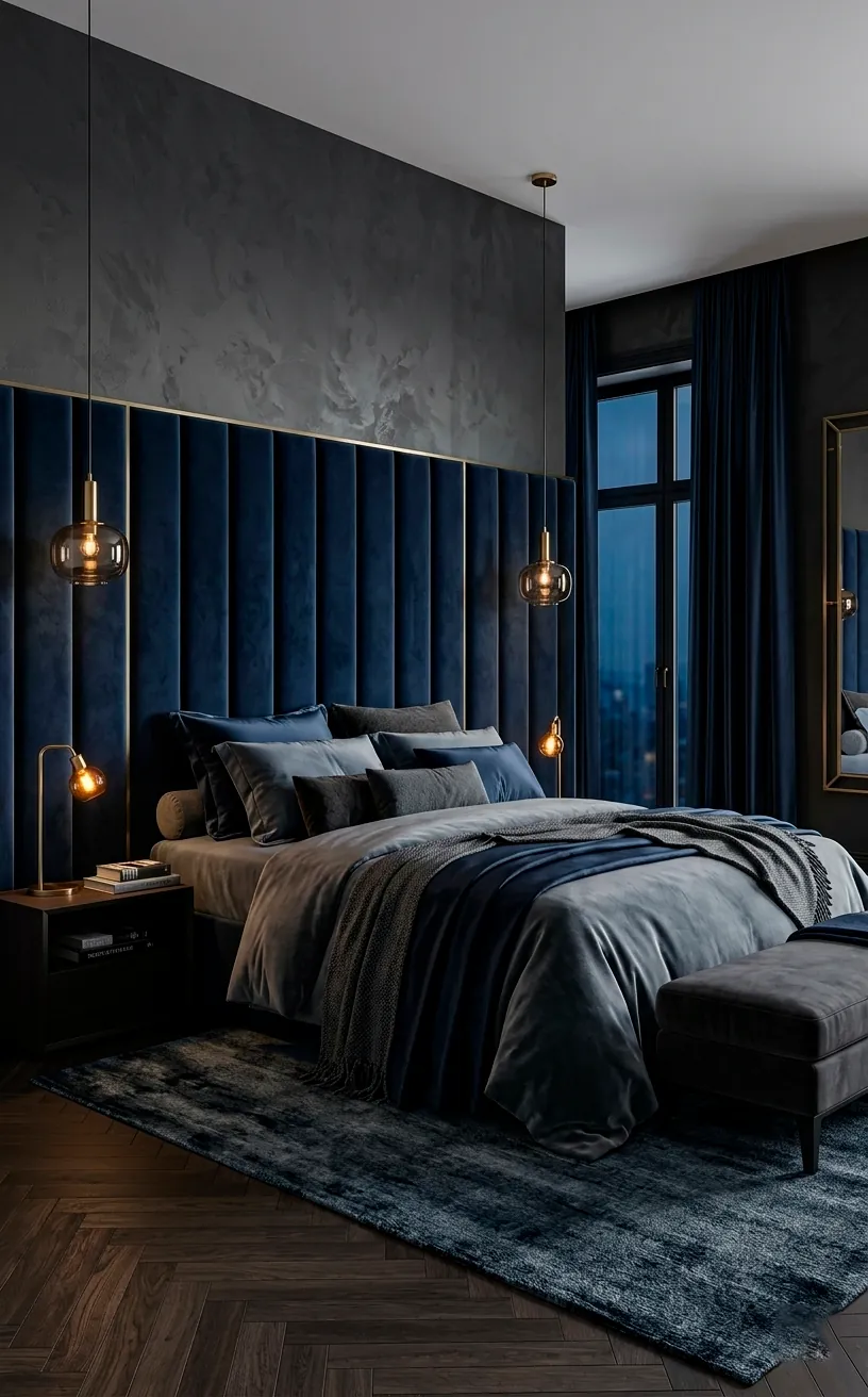 Luxury bedroom with navy velvet headboard and charcoal walls with rich fabric textures.