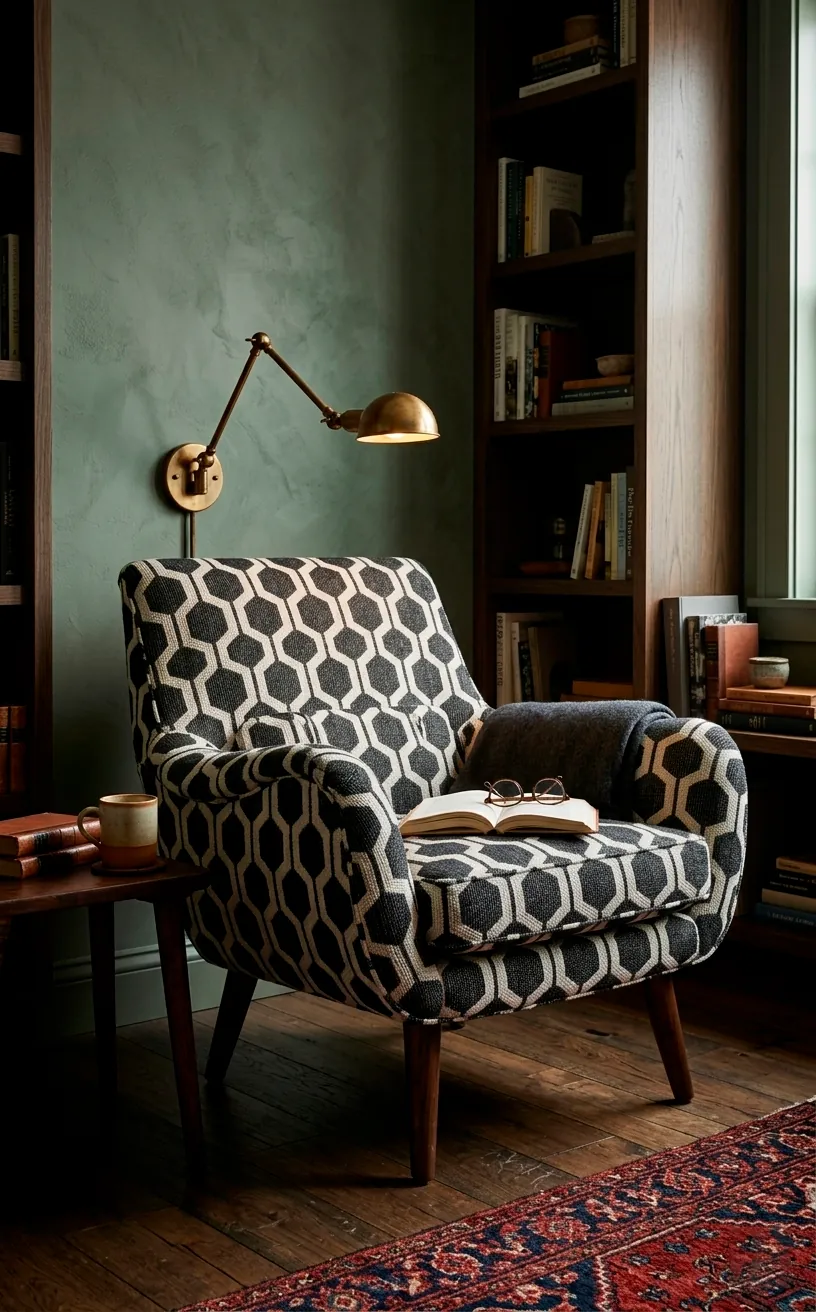 Statement armchair with black and white honeycomb geometric upholstery in a moody room.