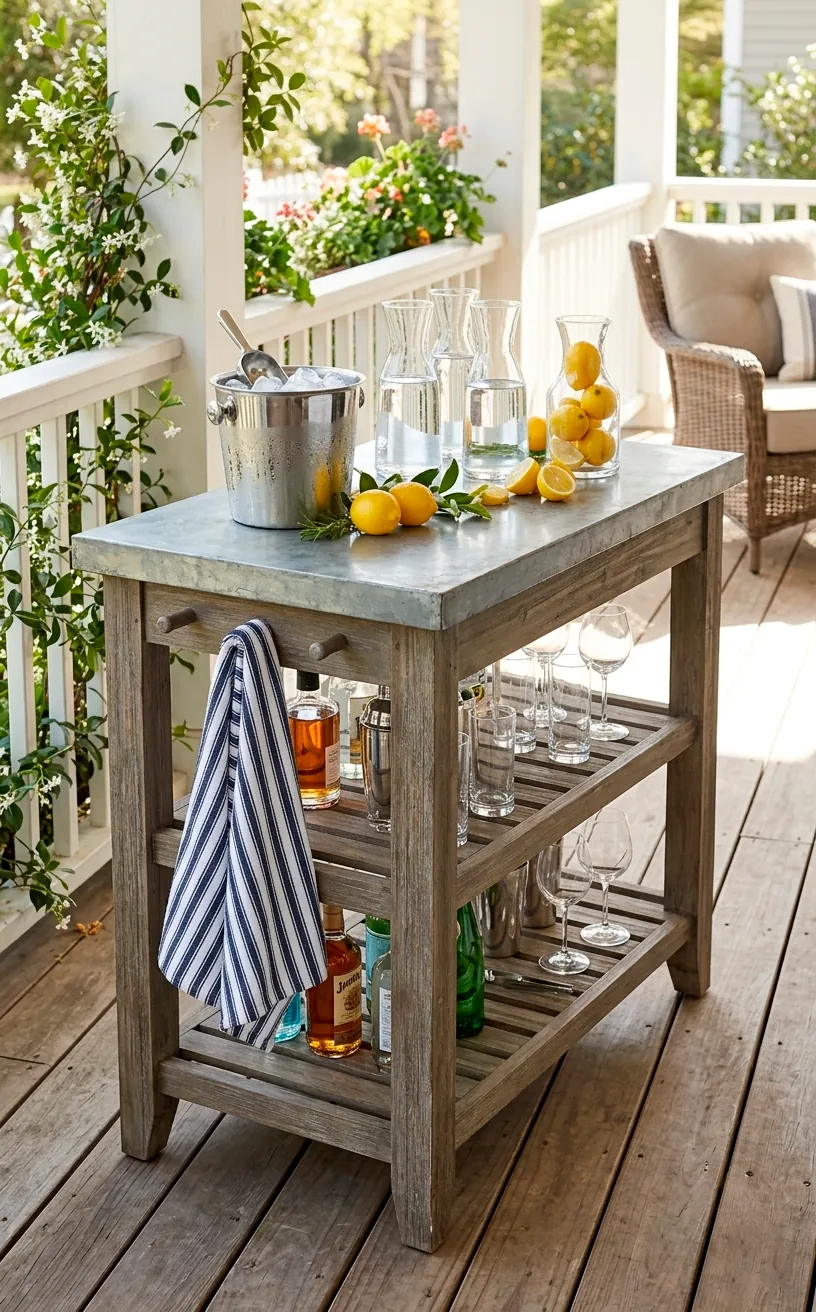Distressed wood outdoor bar cart with zinc top and summer drinks.