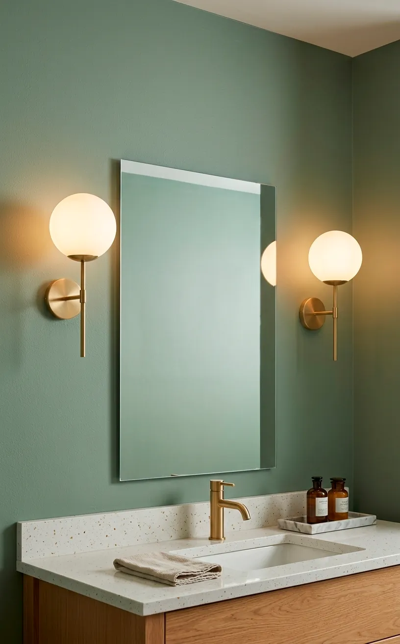 Gold globe wall sconces providing warm light on a sage green bathroom wall.