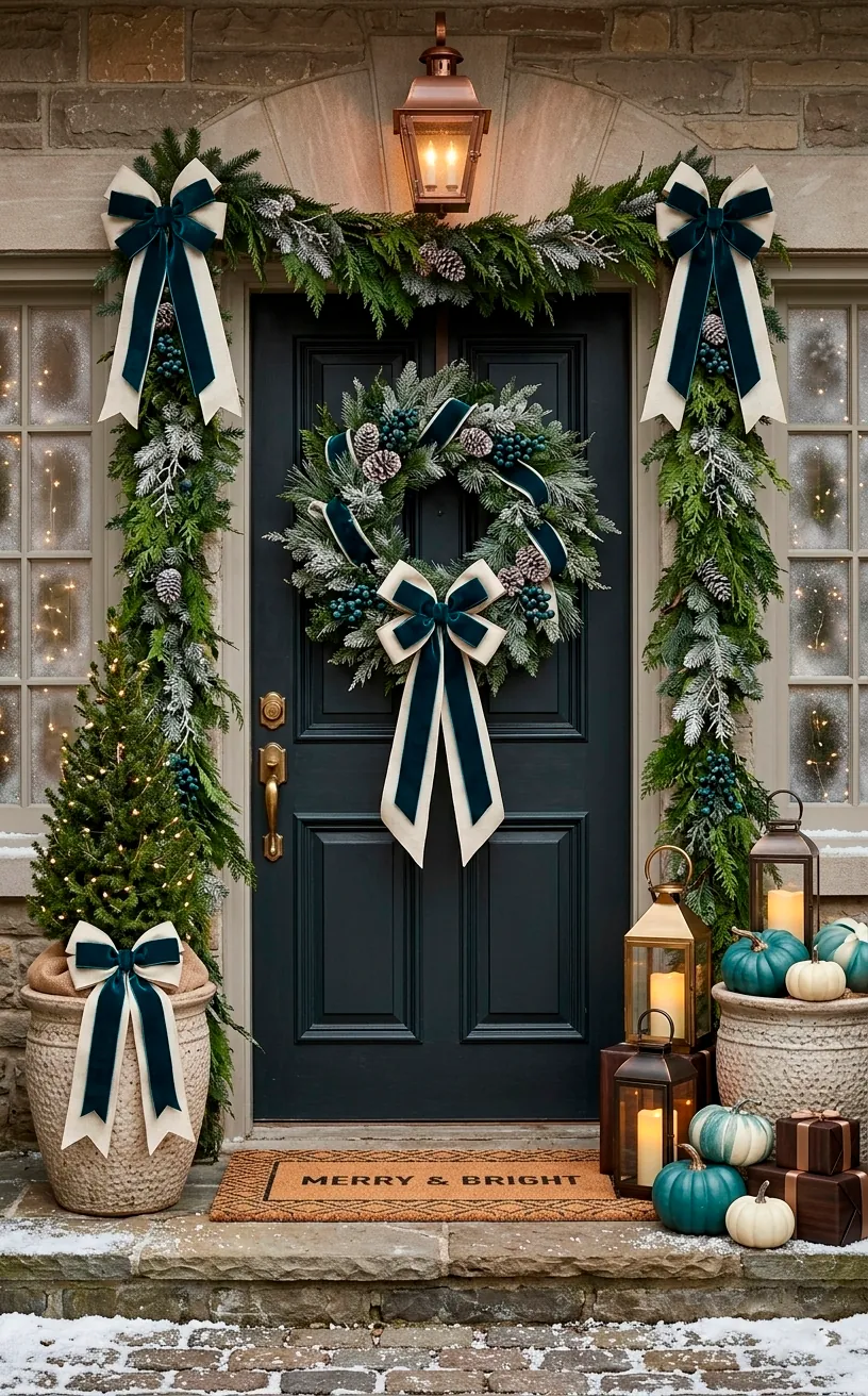 Holiday wreath with layered linen and teal velvet ribbons on a front door.