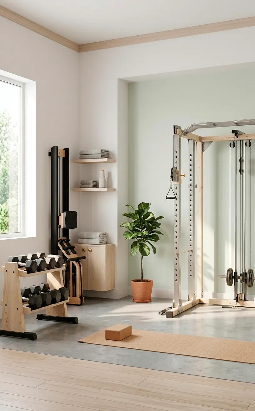 Home gym with off-white walls, birch wood accents, and a pale sage green accent wall.
