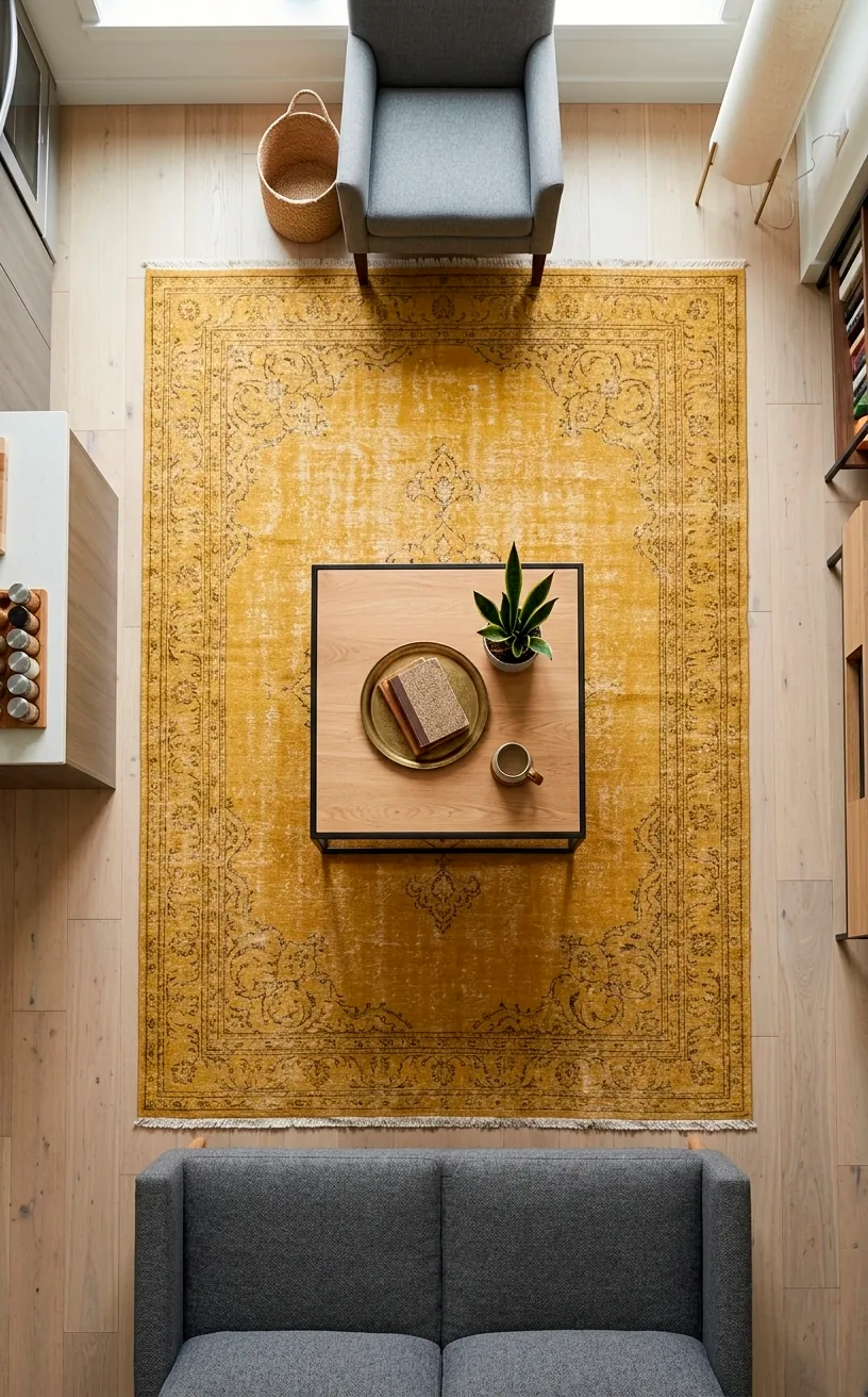 Mustard yellow distressed area rug defining a living space on wood floors.