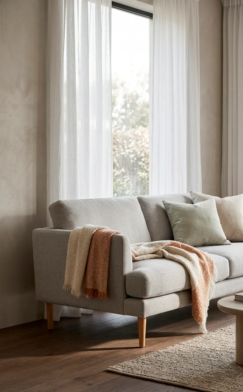 Low-profile minimalist sofa with thin legs in a bright room, showing space between the sofa and wall.