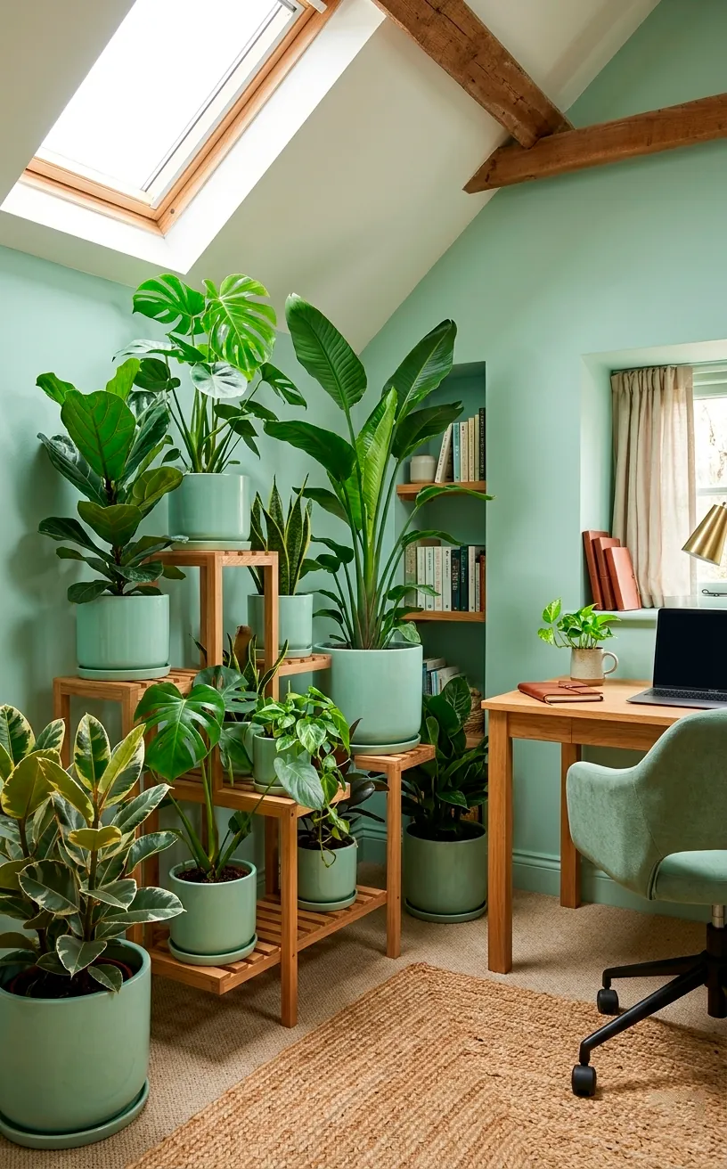 Attic office corner with indoor plants in mint pots on an oak stand.