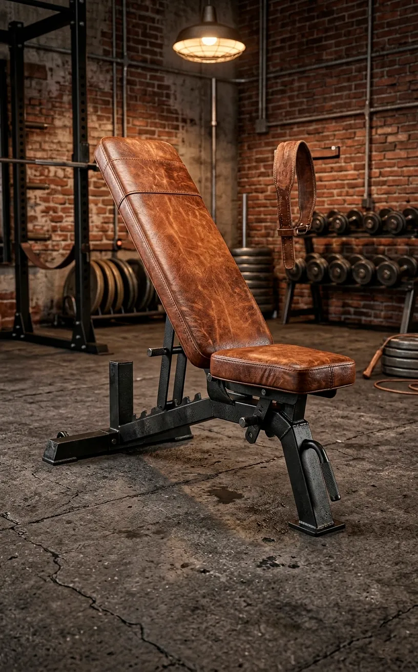 Weight bench with distressed cognac leather upholstery and black frame.