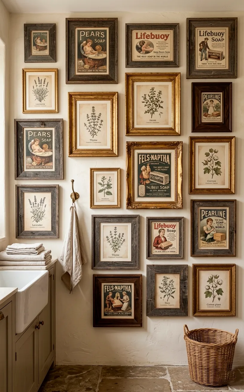 Gallery wall in a laundry room featuring vintage soap ads and framed botanical art prints.