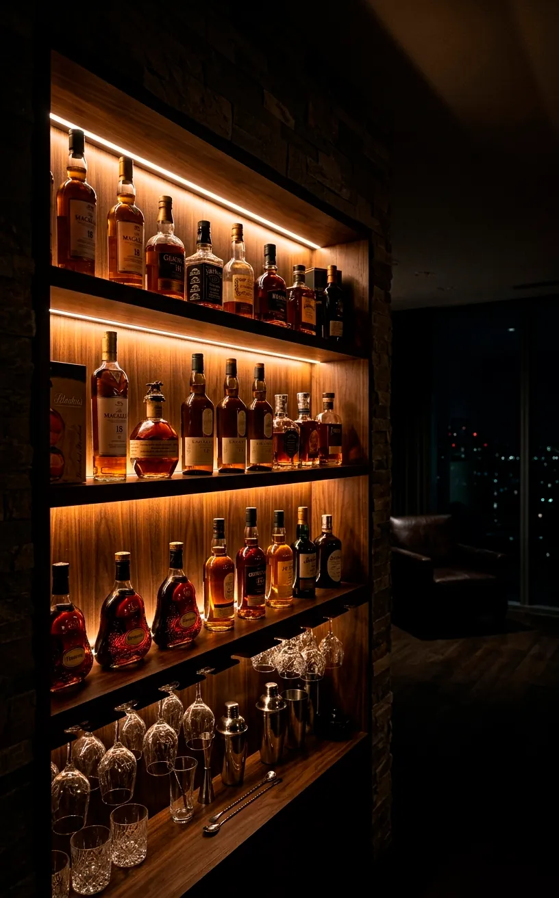 Lit-up bar cabinet at night with warm LED shelf lighting and glowing liquor bottles.