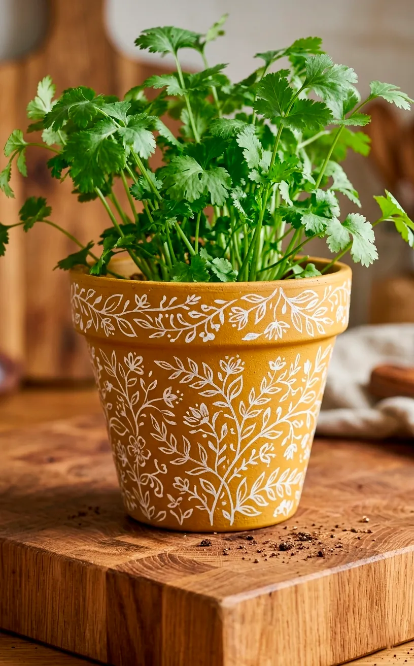 Hand-painted mustard yellow herb pot with white folk art patterns.